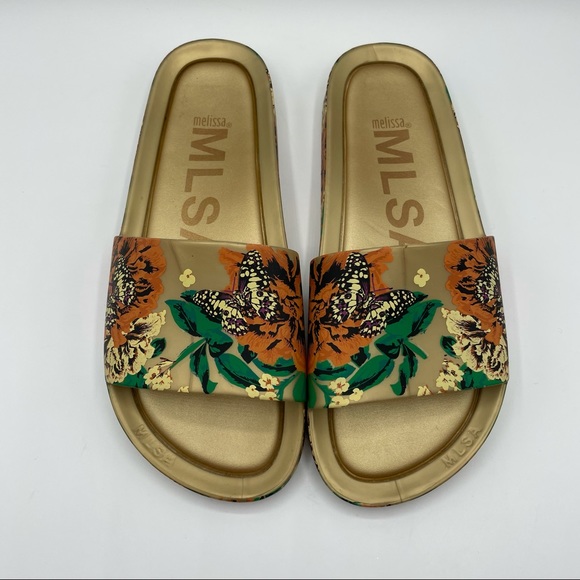 Melissa Gold Floral Print Butterfly Slides Sandals